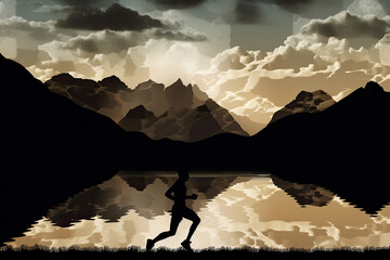 silhouette of a person, runner in the mountains in front of a lake, warm colors, cloudy, generated by generative ai