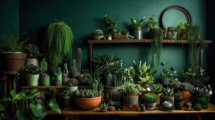 Pots with plants on a table and a green wall Generative AI