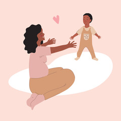 Baby taking first steps. Illustration of toddler boy try to walking. Mom rejoices at the first steps of her little son. Mother's day. Concept of family, motherhood. African american family