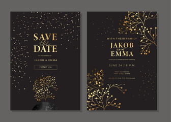 Set of luxury golden wedding invitation cards. Gold templates with tree, berries, branches, glitter. Save the date card. Vector background for wedding invitation. Layout design with shiny elements.