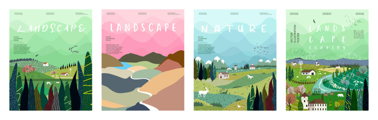 Naklejka premium Beautiful countryside, nature and landscape. Vector illustration of mountains, trees, plants, fields and farms. Editable work for cover or card designs.
