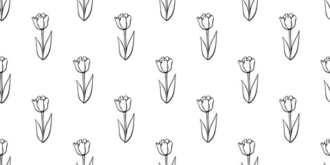 Vector seamless pattern with outline tulip flowers. Hand drawn doodle cute texture, backdrop for wrapping paper, coloring. Topic of spring, blooming nature, holidays design