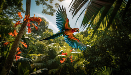 Tropical scene featuring a majestic parrot soaring through the air