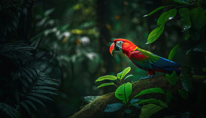 Tropical scene with a majestic parrot sitting against a background of green foliage