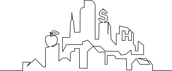 Modern City Panorama with signs of apple Food, dollar Bank, H hospital