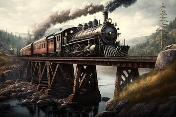 old steam train crossing over bridge, with view of the river below, created with generative ai
