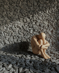 lonely man among stone walls