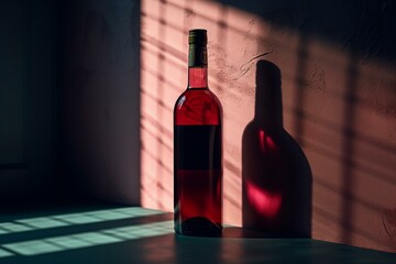 Fototapeta na wymiar Bottle of wine leaning on the wall. Alcoholic drink on red and pink creative background with deep shadows. Generative AI