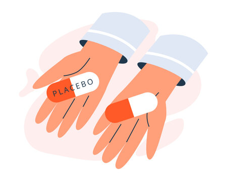 Choice between placebo and real drug, pills in hands, flat vector illustration isolated on white background.