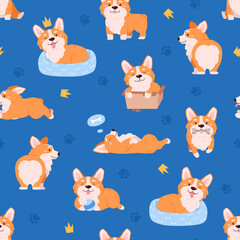 Seamless decorative pattern with Welsh Corgi flat vector illustration.