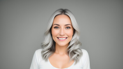 Fototapeta premium Happy confident mature woman with natural skin, healthy grey hair and white teeth. Grey background with copy space. Generative AI