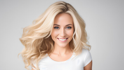 Happy confident mature woman with natural skin, healthy hair and white teeth. Grey background with copy space. Generative AI