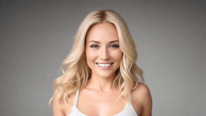 Fototapeta na wymiar Young mature smiling woman portrait with blond hair and white top. Isolated on grey background. Copy space. Generative AI