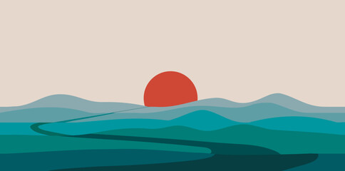 Curved road stretching beyond the horizon and the setting sun. Red sun behind blue and green mountains with clear sky. Vector illustration.