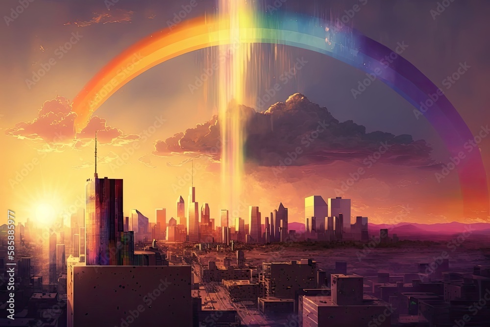 Sticker rainbow, with the sun setting behind a city skyline, casting warm and colorful light, created with g