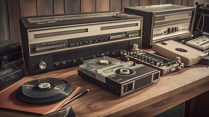 vintage aesthetic of vinyl records and cassette tapes on a wooden table . Generative Ai