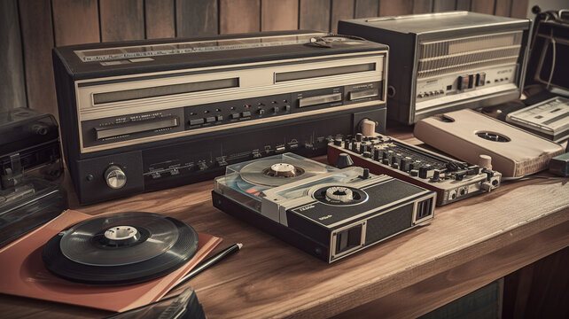 vintage aesthetic of vinyl records and cassette tapes on a wooden table . Generative Ai