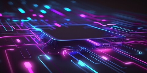 Futuristic UV 3D Render: A Vibrant Digital Wallpaper with Abstract Neon Pink and Blue Lines and Glowing Bokeh Lights