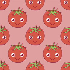 Seamless pattern with funny tomato on pink background. Vector image.