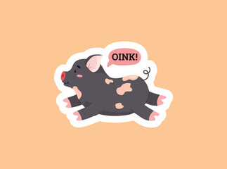 Running black smiling pig sticker flat style, vector illustration