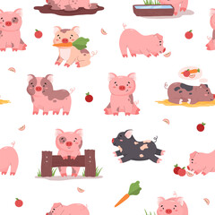 Seamless pattern with cute funny pigs flat style, vector illustration