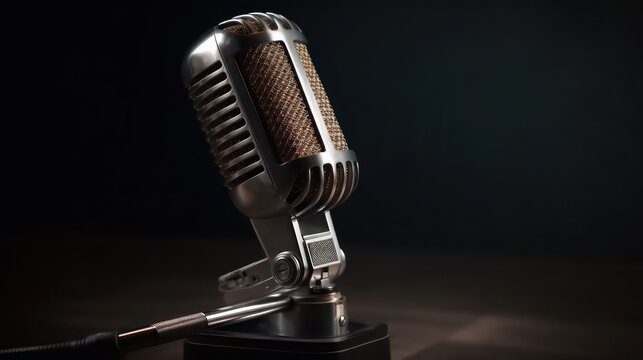 Radio station retro metallic microphone for live podcast or show broadcast live events and recoding studio concepts with copy space. Generative AI