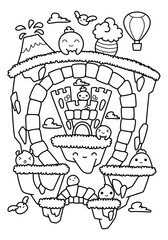 Coloring book for kids in kawaii style. Fantasy world with a funny and cute castle and cave. The task for children can be used in a book or magazine