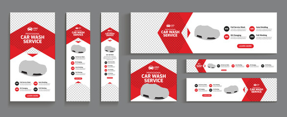car washing service web ad banner, auto repair shop banner bundle, car wash servicing company ad banner template bundle, car rental social media cover
