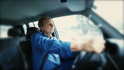 Older man driving moving car sitting inside vehicle