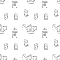 Vector seamless pattern with watering cans, bags with seeds vegetables, pots with plant sprout, seedlings. Outline texture in doodle style on topic of gardening, farming, agriculture