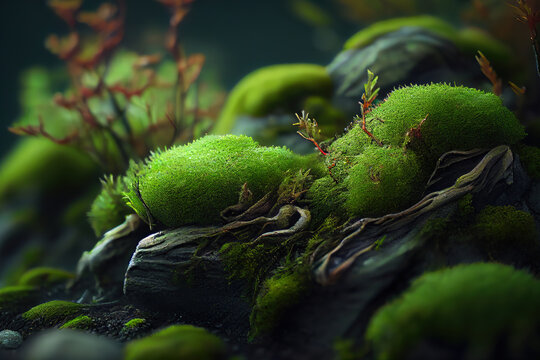Closeup on moss in forest. Generative Ai