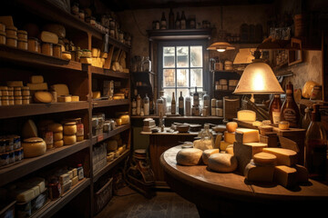 Fototapeta na wymiar A charming cheese shop boasts an eclectic assortment of cheeses, crumbly feta, creamy camembert. Cozy atmosphere is enhanced by rustic wooden shelves. sense of nostalgia and tradition AI Generative