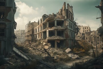 Fototapeta na wymiar Bombed Structures form an Apocalypse City environment. War concept. Generative AI
