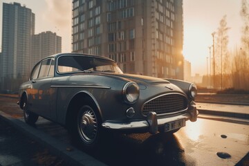 Fototapeta na wymiar vintage car in modern city stands among high-rise buildings against background of dawn sky, generative ai