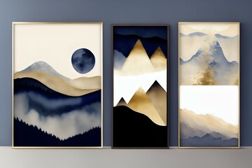 Watercolor drawing in frames - mountain shapes. Illustration.Generative AI
