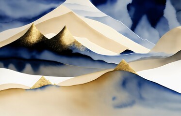 Mountain view watercolor graphic landscape with blue, navy, beige, ivory and yellow. Illustration. Generative AI