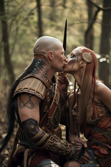Beautiful warrior couple kissing before going into war. Fantasy soldier with medieval armor, tattoos and braided hair. Generative Ai