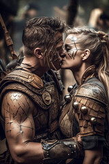 Beautiful warrior couple kissing before going into war. Viking soldier with medieval armor, tattoos and braided hair. Generative Ai