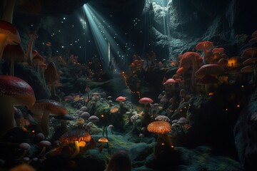 Fototapeta na wymiar A wet cave with a mushroom forest landscape
