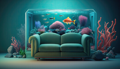 Minimal living room with interior sofa and under the sea fish tank or aquarium decoration, underwater with coral reef and fishes design concepts, Home decoration mock up, with Generative AI.