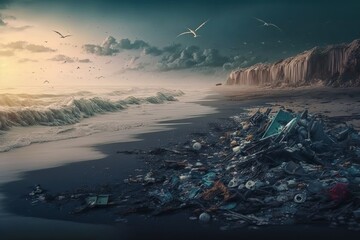 Beach full of garbage and plastic waste. Generative AI