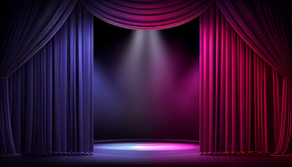 The dark stage shows empty dark blue purple red pink background Ai generated image