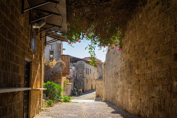 Street of medieval city Rhodes. Principal city on the island of Rhodes in the Dodecanese, Greece