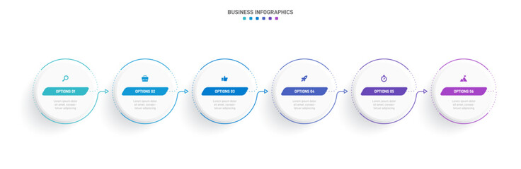 Timeline infographic with infochart. Modern presentation template with 6 spets for business process. Website template on white background for concept modern design. Horizontal layout.