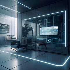 Minimalist concept interior design and user interface system inside futuristic living room area. 