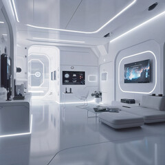 Minimalist concept interior design and user interface system inside futuristic living room area. 