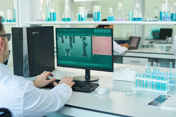 Arms of mature scientist carrying out clinical experiment while sitting by desk in front of computer monitor with part of cell on screen
