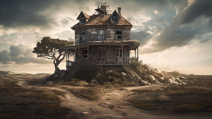 Illustration of an abandoned house, generative ai