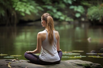 Yoga meditation, yoga teacher,  nature buddhist, practicing yoga, zen buddhism. Generative AI.