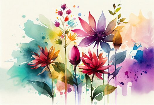 Watercolor Illustration of a Colorful Flower Panorama Background. Generative AI